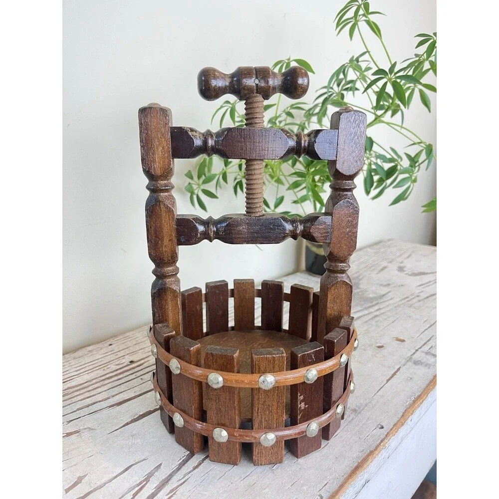 Vintage Wooden Wishing Well Nut Cracker Basket Bowl Hand Crank Cottage Charm